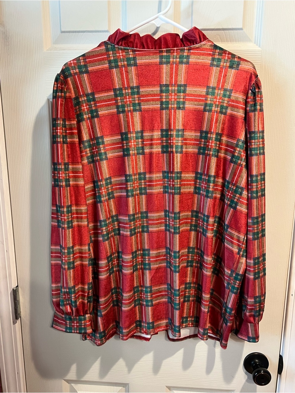 Red Plaid Ruffle-Trim Button Front Blouse - Picture 2 of 3